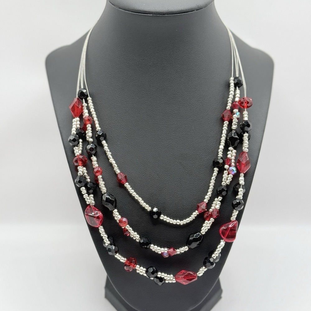 Chico's 19" Julia Illusion Silver Tone Red Black Stone Floating Wire Necklace